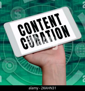 Text caption presenting Content Curation. Business idea establish a fluid workflow around the creation of content Important Idea Shown On Phone On Stock Photo