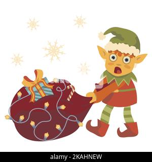 christmas elf dragging a big bag with gifts vector christmas new year Stock Vector