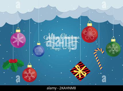 merry christmas banner with christmas toys, clouds, snowflakes Stock Vector