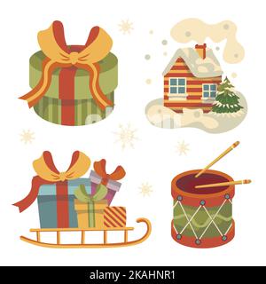 set of vector illustrations new year christmas sleigh with gifts round box house in snow Stock Vector