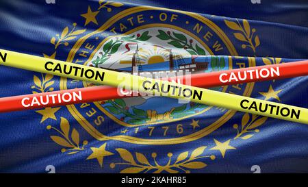 New Hampshire state symbol flag with caution tape. 3D illustration. Stock Photo