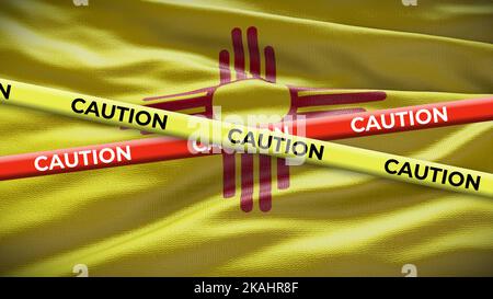 New Mexico state symbol flag with caution tape. 3D illustration. Stock Photo