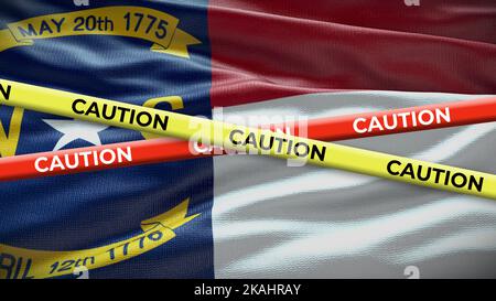 North Carolina state symbol flag with caution tape. 3D illustration. Stock Photo