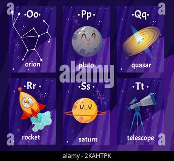 English alphabet flashcards with letters from O to T for children education. Printable kids flash cards with cartoon space rocket, planets, telescope and orion constellation for learning letters. Stock Vector
