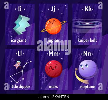 English alphabet flashcards with letters from I to N for children education. Printable kids flash cards with cartoon kuiper belt ring, planets and constellations for learning letters, words in school. Stock Vector