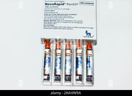 Cairo, Egypt, October 4 2022: NovoRapid 100 units ml solution for injection in cartridge insulin aspart to treat diabetes mellitus patients taken befo Stock Photo