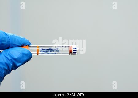 Cairo, Egypt, October 4 2022: NovoRapid 100 units ml solution for injection in cartridge insulin aspart to treat diabetes mellitus patients taken befo Stock Photo