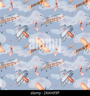 Retro air planes vintage style watercolor illustration seamless pattern isolated. Aircraft, biplane vintage style hand painted. Cute childish design e Stock Photo