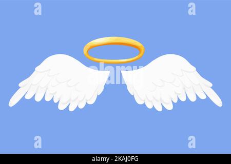 Angel wings white with halo, nimbus in cartoon style isolated on blue background, design element for decoration. Vector illustration Stock Vector