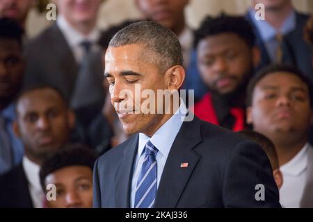 WASHINGTON, DC – On Wednesday, March 2, 2016, in the East Room of the White House, President Obama welcomed the Alabama Crimson Tide football team for the fourth time in his presidency. Obama honored the Crimson Tide on winning the 2015- 2016 College Football Playoff National Championship, their fourth national title in seven years. (Photo by Cheriss May/NurPhoto) *** Please Use Credit from Credit Field *** Stock Photo