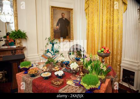 The traditional Nowruz table, known as the “Haft Seen,” which included seven items symbolising such concepts as renewal, joy, love, beauty, health and patience, at the second annual Nowruz celebration at the White House.  (Photo by Cheriss May/NurPhoto) *** Please Use Credit from Credit Field *** Stock Photo
