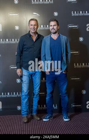 US actor Kevin Costner (L) and director Ariel Vromen (R) pose during the photocall of the film 'Criminal' in Rome at Hotel Bernini on April 8, 2016. (Photo by Mauro Fagiani/NurPhoto) *** Please Use Credit from Credit Field *** Stock Photo