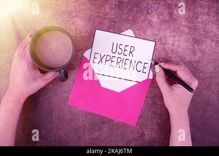 Writing displaying text User Experience. Word for how a person reacts and feels after using a specific product Woman Holding Tablet Presenting Stock Photo