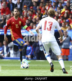 Sergio Ramos of Spain is challenged by Jaroslav Plasil of Czech Republic during the Euro 2016 group D football match between Spain and Czech Republic at Stadium Municipal, in Toulouse, on June 13, 2016. (Photo by Ciambelli Maffia / DPI / NurPhoto) *** Please Use Credit from Credit Field *** Stock Photo