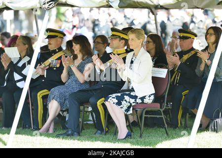 (In the center, left to right) Officer Charles Howie, Olivia Steele, Lieutenant-Colonel Troy Steele and Sophie, the Countess of Wessex, during the opening of Light Horse Park in Old Strathcoma, as she stops in Edmonton ahead of her visit to fire-damaged Fort McMurray. On Wednesday, 24 June 2016, in Edmonton, Canada. Photo by Artur Widak *** Please Use Credit from Credit Field *** Stock Photo