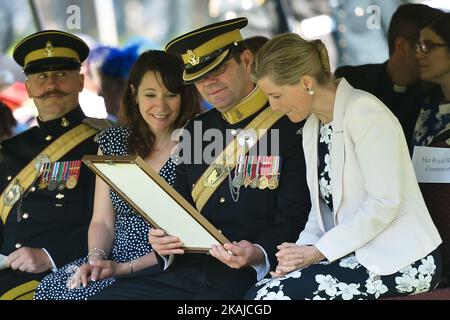 (In the center, left to right) Officer Charles Howie, Olivia Steele, Lieutenant-Colonel Troy Steele and Sophie, the Countess of Wessex, during the opening of Light Horse Park in Old Strathcoma, as she stops in Edmonton ahead of her visit to fire-damaged Fort McMurray. On Wednesday, 24 June 2016, in Edmonton, Canada. Photo by Artur Widak *** Please Use Credit from Credit Field *** Stock Photo