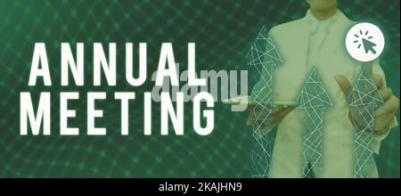 Text showing inspiration Annual Meeting. Business concept Graphic artist Software Programmer and Analyst Experts Businessman in suit holding tablet Stock Photo