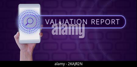 Text showing inspiration Valuation Report. Internet Concept process of converting an idea into a video Filmaking Businesswoman Holding Speech Bubble Stock Photo