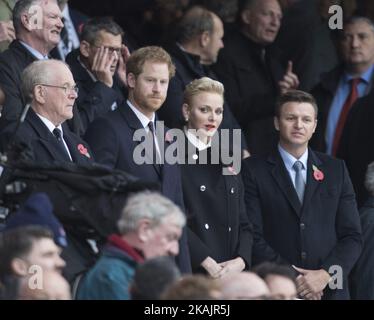 L-R Prince Harry (2nd L) and Princess Charlene of Monaco (2nd R) are seen in the stand during Old Mutual Wealth Series between England  and South Africa played at Twickenham Stadium, London, November 12th  2016 (Photo by Kieran Galvin/NurPhoto) *** Please Use Credit from Credit Field *** Stock Photo