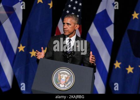 US President Barack Obama gestures as he speaks at the Niarchos foundation in Athens on November 16, 2016 at the end of his official visit in Greece. Obama was on November 16 wrapping up the Greek leg of a farewell European trip with a visit to the Acropolis and an eagerly-awaited speech on democracy before heading to Berlin. On his final visit to Europe as president, Obama has chosen Greece, the 'cradle of democracy', as the place to deliver a speech addressing the uncertainties that have led to the rise of populists like Donald Trump. (Photo by Aggelos Barai/NurPhoto) *** Please Use Credit f Stock Photo