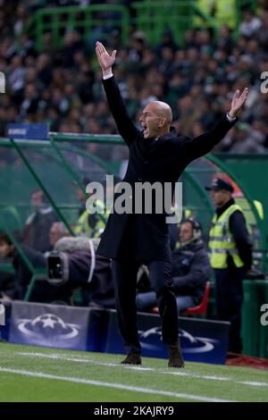 Real Madrids head coach Zinedine Zidane from France in action during the UEFA Champions League match between Sporting Clube de Portugal and Real Madrid at Estadio Jose Alvalade on November 22, 2016 in Lisbon, Portugal. (Photo by Bruno Barros / DPI / NurPhoto) *** Please Use Credit from Credit Field *** Stock Photo