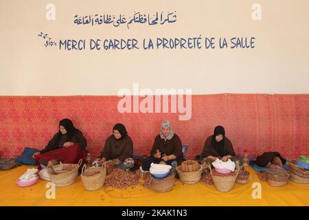 Berber women open argan nuts with rocks to get to the kernels for making argan oil at the argan oil cooperative in Morocco, Africa, on 17 December 2016. Argan oil is used both for food and as an ingredient in many beauty products and cosmetics. (Photo by Creative Touch Imaging Ltd./NurPhoto) *** Please Use Credit from Credit Field *** Stock Photo