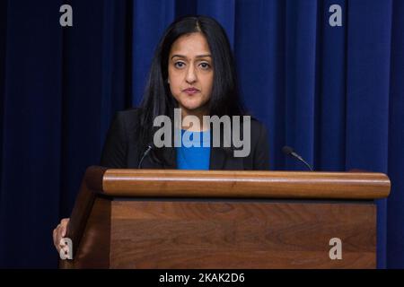 In the South Court Auditorium of the Eisenhower Executive Office Building of the White House in Washington DC, on 16 December 2016, Vanita Gupta, Principal Deputy Assistant Attorney General, Civil Rights Division, U.S. Department of Justice, gave the keynote address for the forum: Advancing Equity for Women and Girls of Color.Â | Â©2016 Photo by Cheriss May, www.cherissmay.com (Photo by Cheriss May/NurPhoto) *** Please Use Credit from Credit Field *** Stock Photo