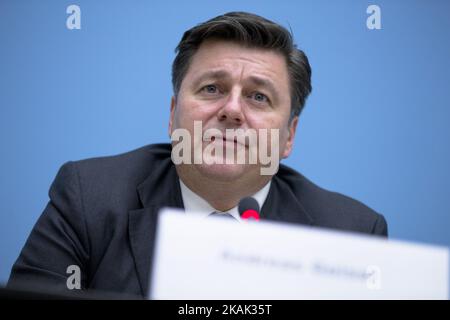 Berlin's Interior Senator Andreas Geisel is pictured during a news conference hold to inform media on the state of the investigations regarding the possible attack in Berlin, Germany on December 20, 2016. Yesterday a lorry truck drove through a Christmas market close to the Kaiser-Wilhelm-Gedaechtniskirche killing 12 people and injuring about 45. (Photo by Emmanuele Contini/NurPhoto) *** Please Use Credit from Credit Field *** Stock Photo