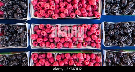 A top view of fresh raspberries and blackberries in paper boxes on display for sale at farmer's market Stock Photo