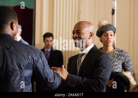 On Friday, January 6 in Washington D.C., USA , (l-r), Usher chats with Tim Witherspoon (Kelly Rowland's husband/manager), with Usher's wife Grace Miguel heading to her seat, before First Lady Michelle Obama's final remarks as First Lady at the 2017 School Counselor of the Year event in the East Room of the White House. (Photo by Cheriss May/NurPhoto) *** Please Use Credit from Credit Field *** Stock Photo