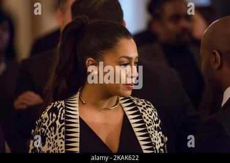 On Friday, January 6 in Washington D.C., USA , (l-r), La La Anthony chats with Tim Witherspoon (Kelly Rowland's husband/manager), before First Lady Michelle Obama's final remarks as First Lady at the 2017 School Counselor of the Year event in the East Room of the White House. (Photo by Cheriss May/NurPhoto) *** Please Use Credit from Credit Field *** Stock Photo