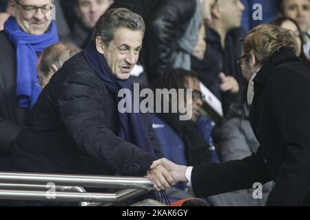 Former French President Nicolas Sarkozy (L) shakes hands during the French Cup football match between Paris-saint-Germain (PSG) and Bastia (SCB) at the Parc des Princes stadium in Paris, on January 7, 2017. (Photo by Geoffroy Van der Hasselt/NurPhoto) *** Please Use Credit from Credit Field *** Stock Photo