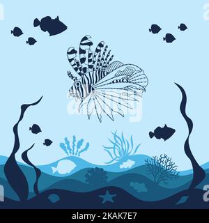 Marine background with lionfish, fish, corals. Isolated vector objects. Stock Vector