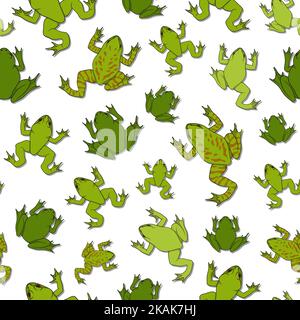 Seamless pattern with green river frogs. Color vector background with shadow on white. Stock Vector