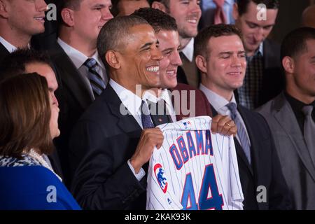 On Monday, January 16, President Barack Obama poses for a photo with the 2016 World Series Champion Chicago Cubs. (Photo by Cheriss May/NurPhoto) *** Please Use Credit from Credit Field *** Stock Photo