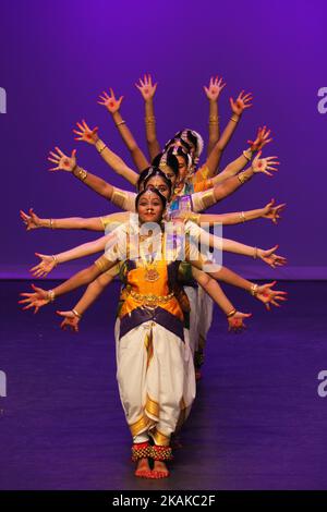 Tamil dancers perform a dance honoring the Sun God during the Thai Pongal festival in Markham, Ontario, Canada, on January 15, 2017. The festival of Thai Pongal is a thanksgiving festival honoring the Hindu Sun God (Lord Surya) for a successful harvest. (Photo by Creative Touch Imaging Ltd./NurPhoto) *** Please Use Credit from Credit Field *** Stock Photo