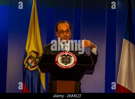 French President Francois Hollande speaks during a press conference offered along with Colombian President Juan Manuel Santos (out of frame) at Narino Palace in Bogota on January 23, 2017. Hollande is on a Latin American tour to Chile and Colombia -- one of his last foreign trips before stepping down after April-May elections choose his successor. (Photo by Juan Torres/NurPhoto) *** Please Use Credit from Credit Field *** Stock Photo