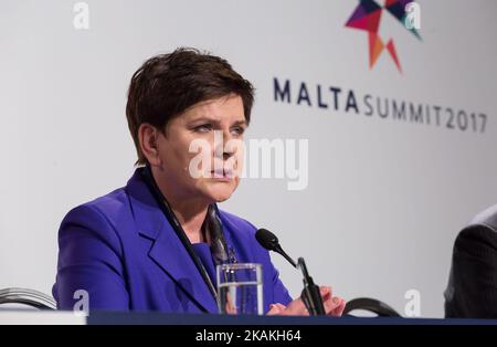 Prime Minister of Poland, Beata Szydlo during the press conference after the European Council Summit at Mediterranean Conference Centre in Valletta, Malta on 3 February 2017 (Photo by Mateusz Wlodarczyk/NurPhoto) *** Please Use Credit from Credit Field *** Stock Photo