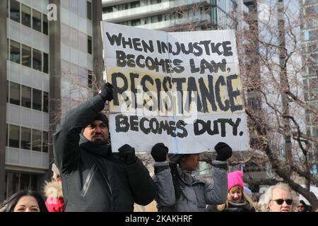 Thousands of Canadians took part in a massive protest against President Trump's travel ban on Muslims during the National Day of Action against Islamophobia and White Supremacy in downtown Toronto, Ontario, Canada, on February 04, 2017. Canadians joined countries around the world in protesting against American President Donald Trump's executive order, banning citizens of seven majority Muslim countries (Iran, Iraq, Sudan, Somalia, Syria, Yemen and Libya) from entering the United States for the next three months and banning Syrian refugees from indefinitely entering America. (Photo by Creative  Stock Photo