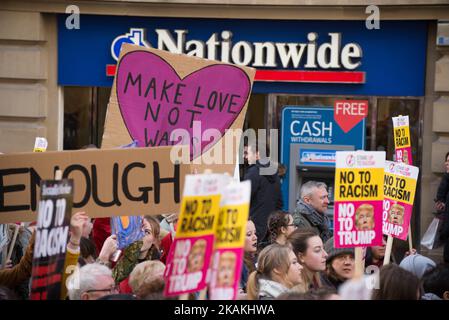 Placards at an anti-Trump Â‘Muslim BanÂ’ demonstration on Saturday Feb. 4, 2017 in Manchester, United Kingdom. The demonstration, which happened in solidarity with other demonstrations in other cities, was prompted by President Trump signing an executive order halting the entire US refugee programme and banning anyone from Iran, Iraq, Libya, Somalia, Sudan, Syria and Yemen as well as people with dual nationality. (Photo by Jonathan Nicholson/NurPhoto) *** Please Use Credit from Credit Field *** Stock Photo