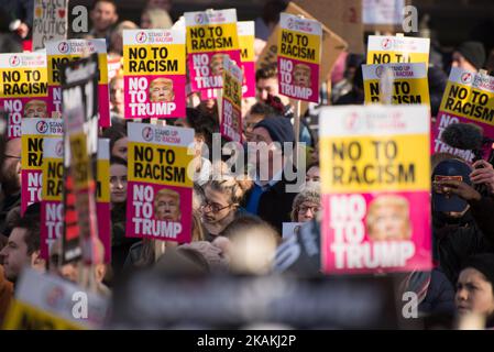 Placards at an anti-Trump Â‘Muslim BanÂ’ demonstration on Saturday Feb. 4, 2017 in Manchester, United Kingdom. The demonstration, which happened in solidarity with other demonstrations in other cities, was prompted by President Trump signing an executive order halting the entire US refugee programme and banning anyone from Iran, Iraq, Libya, Somalia, Sudan, Syria and Yemen as well as people with dual nationality. (Photo by Jonathan Nicholson/NurPhoto) *** Please Use Credit from Credit Field *** Stock Photo