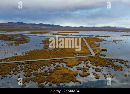 (221103) -- ABA, Nov. 3, 2022 (Xinhua) -- This aerial photo taken on Oct. 18, 2022 shows a view of the Huahu Lake wetland in Ruoergai County of Aba Tibetan-Qiang Autonomous Prefecture, southwest China's Sichuan Province. The Ruoergai Wetland National Nature Reserve is established to protect local peat swamp ecosystem and rare species such as the black-necked crane. Noted for vast grassland dotted with winding rivers, lakes and swamps, this nature reserve became one at the national level in 1998, and was designated as a wetland of international importance in 2008.   The ecological environment o Stock Photo