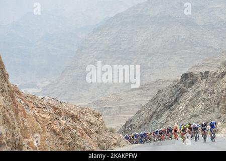 A peloton of riders during the fourth stage, a 118km from Yiti (Al Sifah) to Ministry of Tourism in Muscat, at the 2017 cycling Tour of Oman. On Friday, February 18, 2017, in Al Sifah, Yiti, Oman. Photo by Artur Widak *** Please Use Credit from Credit Field ***  Stock Photo