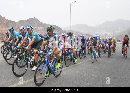 A peloton of riders in action during the fourth stage, a 118km from Yiti (Al Sifah) to Ministry of Tourism in Muscat, at the 2017 cycling Tour of Oman. On Friday, February 18, 2017, in Muscat, Oman. Photo by Artur Widak *** Please Use Credit from Credit Field ***  Stock Photo