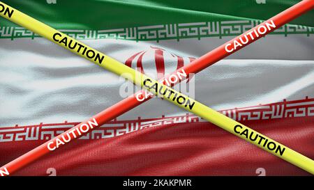 Iran country national flag with caution yellow tape. Issue in country news. 3D illustration. Stock Photo