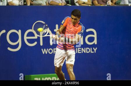 Thiago Monteiro of Brazil returns the ball to Carlos Berlocq of Argentina, during a tennis match of the ATP Argentina Open, in Buenos Aires, Argentina, Friday, Feb. 17, 2017. (Photo by Gabriel Sotelo/NurPhoto) *** Please Use Credit from Credit Field *** Stock Photo