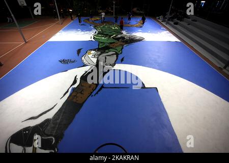 Graffiti of Greek NBA player Giannis Antetokounmpo in Athens, Greece, February 17, 2017. Nike in collaboration with graffiti artist Same84 created an impressive graffiti in the open court Triton in Sepolia area where the Greek international player made his first steps in basketball, showing Antetokounmpo doing a slam-dunk. Giannis Antetokounmpo is a Greek professional basketball player for the Milwaukee Bucks of the National Basketball Association. His nickname is 'The Greek FreakÂ”. (Photo by Giorgos Georgiou/NurPhoto) *** Please Use Credit from Credit Field *** Stock Photo