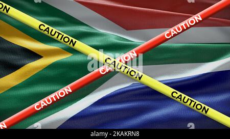 South Africa country national flag with caution yellow tape. Issue in country news. 3D illustration. Stock Photo