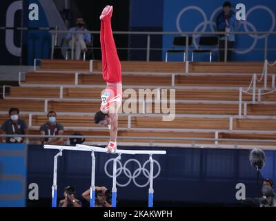 AUGUST 03rd, 2021 - TOKYO, JAPAN: Ferhat ARICAN of Turkey performs at the Men's Parallel Bars during the Artistic Gymnastics Apparatus Finals at the Tokyo 2020 Olympic Games (Photo by Mickael Chavet/RX) Stock Photo