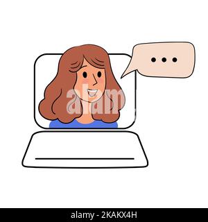 Laptop screen view of a woman having a remote conversation, video call, message.Online training.Concept for trainings, seminars, online courses Stock Vector